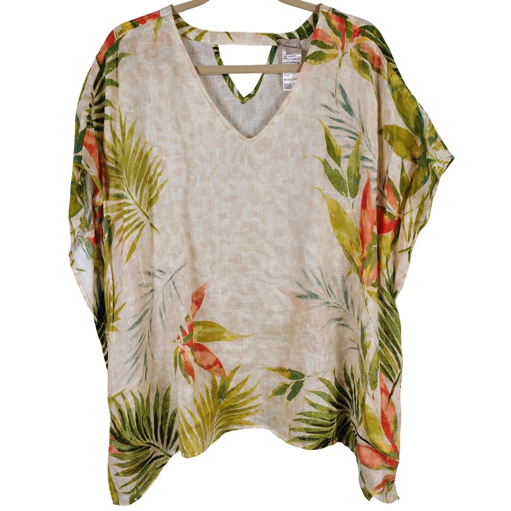 Chicos Womens L/XL Linen Poncho Top Multicolor Tropical Palm Animal Print Boho